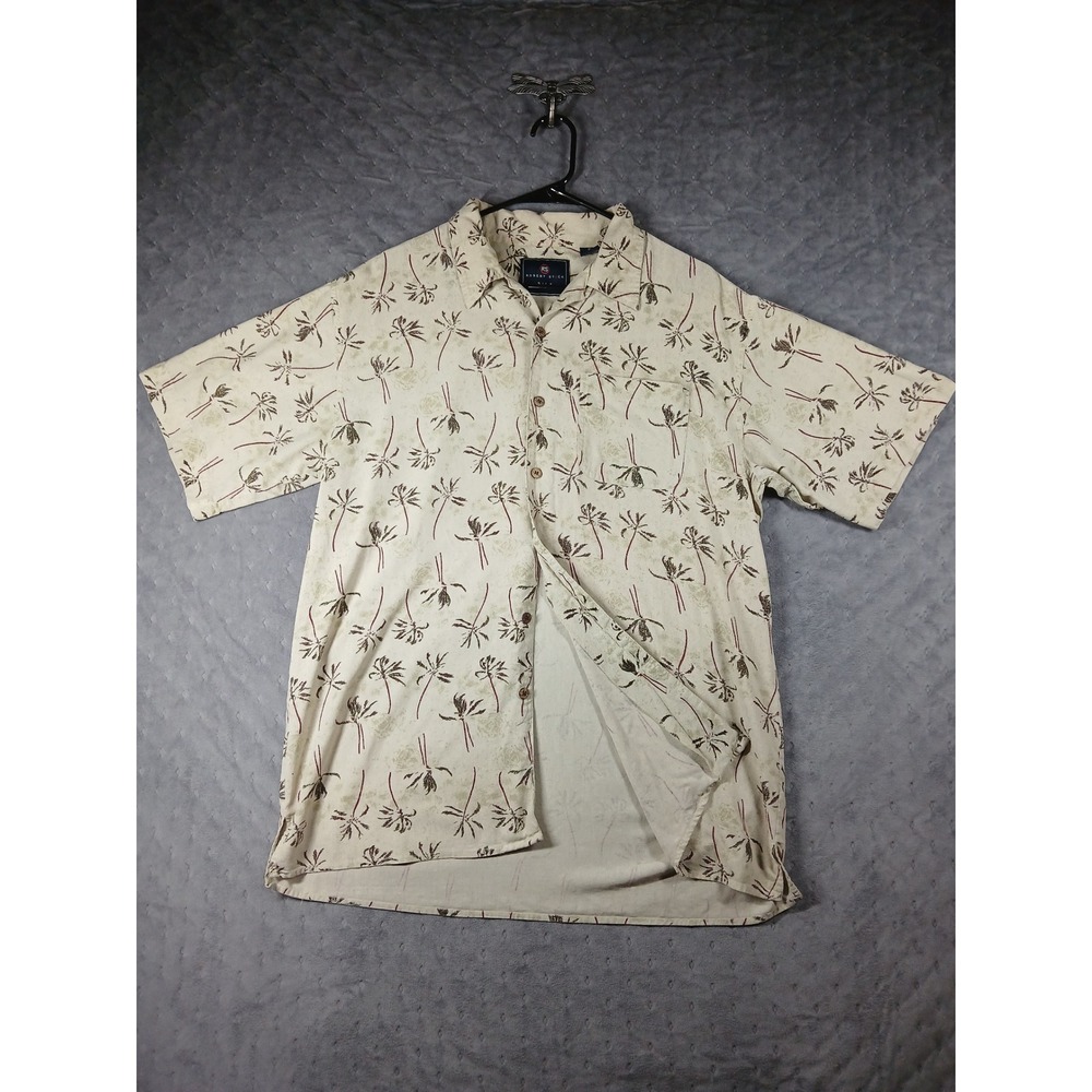 Robert Stock Mens XL Silk Button Down Shirt Palm Tree Tropical Cream ShortSleeve